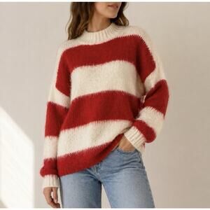 NWT Woman BP STRIPED OVERSIZED BRUSHED SWEATER Size S Fuzzy Long Slve White Red